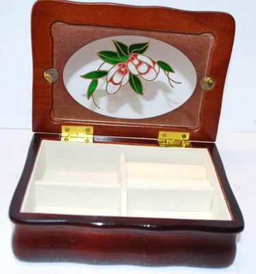 Wood Jewelry Box with Enameled Styled Flower Design + White Interior 6" x 4" x 2"