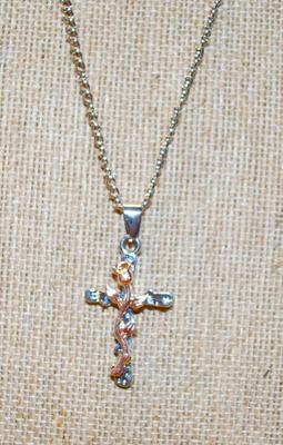 Rose Gold Colored "Rose on Cross" Pendant Necklace 24" L