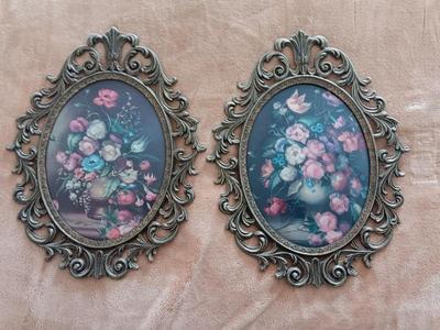 One Pair of Italian Brass Oval Flower Print Floral Brass Oval Frame