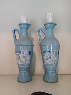 Two vintage 1961 Blue Grecian Urn Plato Socrates Aristotle Jim Beam Decanter Bottles