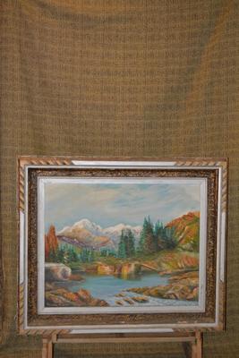 Heavy Vintage Ornate Wood Frame with Acrylic Mountain Landscape