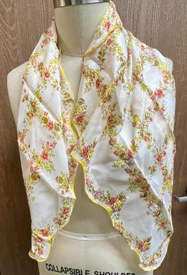 Vintage Dainty Scalloped Edged Scarf with orange & yellow flowers on white background