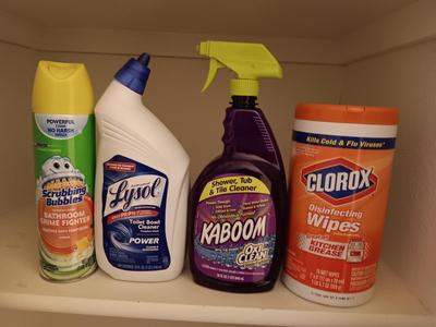 FULL Cleaning chemicals - Kaboom - Clorox wipes - Lysol toilet cleaner - and Scrubbing bubbles.