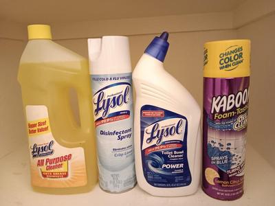 FULL Cleaning chemicals - Kaboom - Lysol lemon scent - Lysol toilet cleaner - and Lysol disinfectant spray