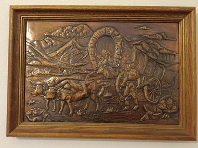 Vintage 1960 framed hammered / repoussÃ© Copper wall art - Oxen and covered wagon. Vintage 1960 framed hammered / repoussÃ© Copper wall...