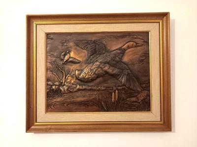 Vintage 1960 framed hammered / repoussÃ© Copper wall art - Ducks Relief wall art MCM