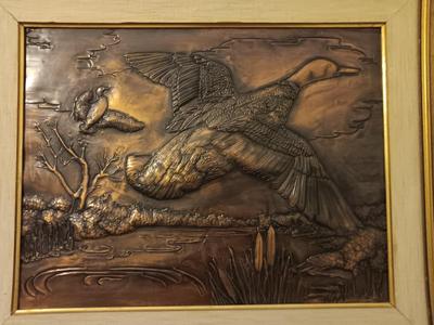 Vintage 1960 framed hammered / repoussÃ© Copper wall art - Ducks Relief wall art MCM
