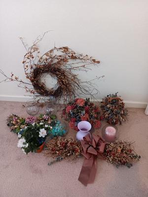 Dried and Faux flower arrangements - in baskets - glass vases - over the door decor sashes