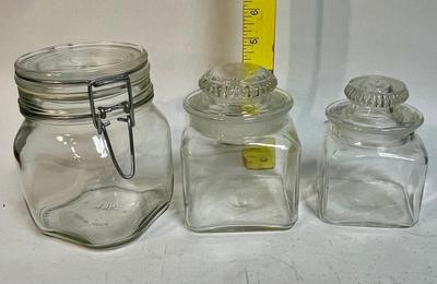 Lot of 3 glass containers - apothocary jars, snap-lid jar