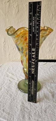 9" Hand blown Art glass vase with Ruffle Rim