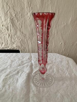 Bavarian Crystal Glass Vase Flashing Cranberry cut to clear Nachtmann 9" tall