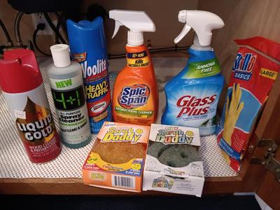 Full bottles of cleaning chemicals and two Scrub Daddy scrubbers