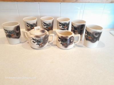 Vintage Chinese Dragon cup set with cream & sugar dishes