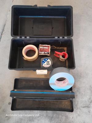 Plastic toolbox with inside tray and tape of all kinds -