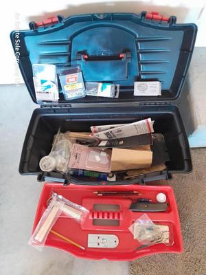 Keter plastic toolbox with inside tray and an assortment of hardware