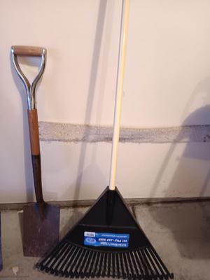 Nice 24" Poly leaf rake and a flat head shovel with a handle