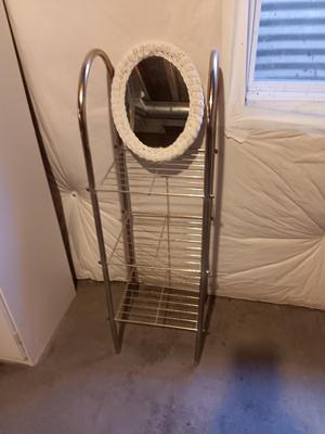 Two shelf metal storage shelf / towel rack with wicker framed mirror