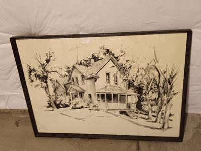 Original Framed sketch by Robert Hodgell 1965 Charles and Daisy Overman's house in Mankato Kansas