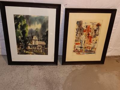 Two large framed original watercolor Artwork - Abstract artwork - and a house