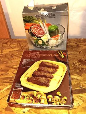 Bloomingdale's 10" Salad bowl with tongs and Litton Micro Browner Grill