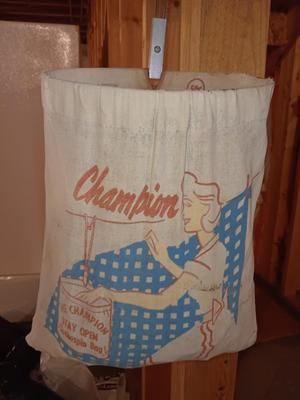 RARE Antique 100% cotton Champion stay open clothespin bag.