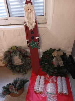 Christmas - tall wooden Welcome Santa - wreaths - hanging basket and more