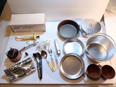 Model G/K MSR Stove with a nice set of Mirro camping / pack pans and silverware set