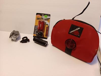 Cannondale bicycle bag and several different safety lights