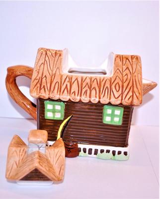 2 Teapots - "Wilderness Lake Lodge" Every Side is Different & Polka-Dot Teapot with Bamboo Style Handle
