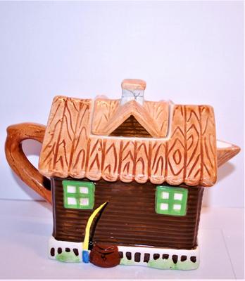 2 Teapots - "Wilderness Lake Lodge" Every Side is Different & Polka-Dot Teapot with Bamboo Style Handle