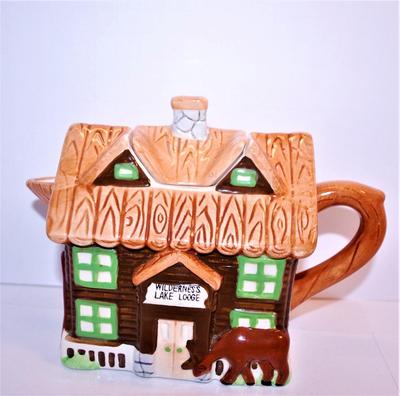 2 Teapots - "Wilderness Lake Lodge" Every Side is Different & Polka-Dot Teapot with Bamboo Style Handle