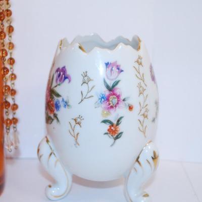 2 Glass Candlesticks ( 6" H) & Metal Votive Cup & Dangle Orange Vase (10"H) with Egg Shaped Planter (5"H)