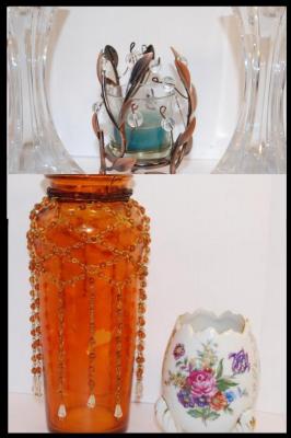 2 Glass Candlesticks ( 6" H) & Metal Votive Cup & Dangle Orange Vase (10"H) with Egg Shaped Planter (5"H)