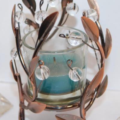 2 Glass Candlesticks ( 6" H) & Metal Votive Cup & Dangle Orange Vase (10"H) with Egg Shaped Planter (5"H)