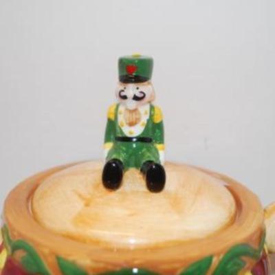 Large "Mustached Nutcracker" Colorful Tea Pot 6" H & Acorn Dish and Tea Pot - Total 3 Pcs.