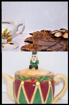 Large "Mustached Nutcracker" Colorful Tea Pot 6" H & Acorn Dish and Tea Pot - Total 3 Pcs.