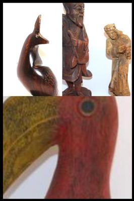 2 "Asian Style" Wood Statues - 11" & 8" H & Toucan Style Wood Bird 12" H x 5" W & All Solid...