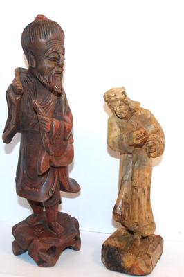 2 "Asian Style" Wood Statues - 11" & 8" H & Toucan Style Wood Bird 12" H x 5" W & All Solid...