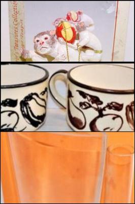 All Glass Vases 2 Pcs. & Large Vegetable Designed Cups Set of 2 & Monkey On Your Back Ceramic - Total 5 Pcs.