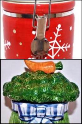 Holiday Ceramic Locked Cannister 5 1/2" H x 4 1/4" Diam. & "Fitz+ Floyd" Carrot Top Cookie Jar *" H x...