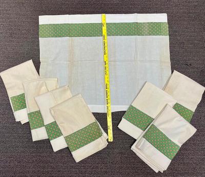 Vintage Linen Curtain Set 8 panels & 4 valances green flower print border