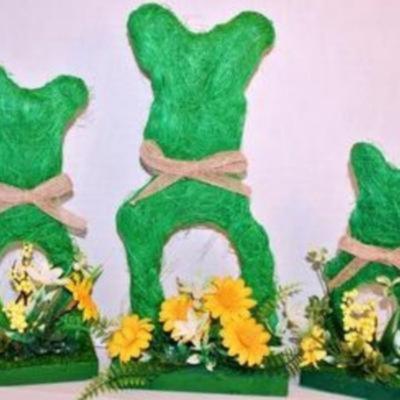 EASTER - Bunny Planter AND Bunny Figure Combination-- "Joy in the Lord & "Springy" Green and Yellow Display Decorations