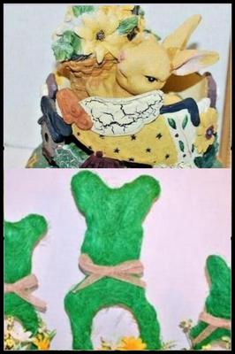 EASTER - Bunny Planter AND Bunny Figure Combination-- "Joy in the Lord & "Springy" Green and Yellow Display Decorations
