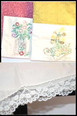 Large Embroidered Tote Bags with Black Straps 16" x 13" Set of 2 & Vintage Classic Lace Handkerchief 10" x 10"