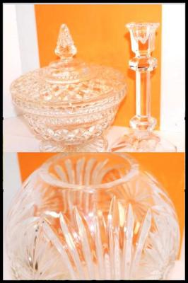 All Glass Candy Dish and Glass Candle Holder & Heavily Etched Glass Bowl - 7" H x 7" W
