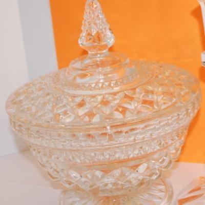 All Glass Candy Dish and Glass Candle Holder & Heavily Etched Glass Bowl - 7" H x 7" W
