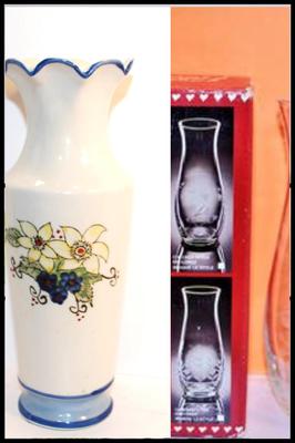 Tulip Glass Vase with Box 7" H & Flowered Vase with a Blue Ring Scalloped Top 10" H