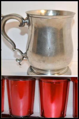 Williamsburg Stieff Pewter Mug 5" H x # 3 1/2" Circ. #CW155-13 & All Occasion Red Glasses Set with Tray and Box 5 - Total...