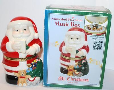 "Mr. Christmas" Animated Porcelain Music Box - Plays "Jingle Bells" 8" H