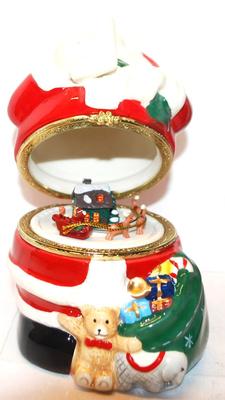 "Mr. Christmas" Animated Porcelain Music Box - Plays "Jingle Bells" 8" H